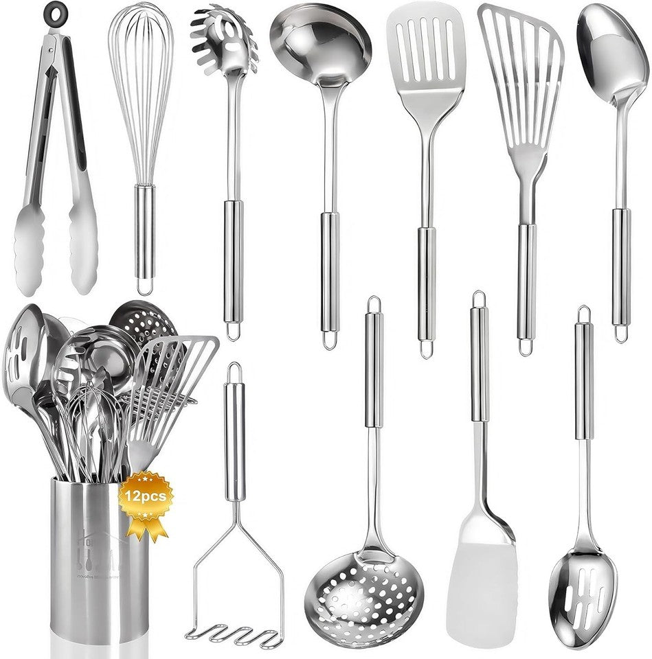 Stainless Steel Kitchen Utensils Set - 12pcs Cooking Utensils Set with Holder, H