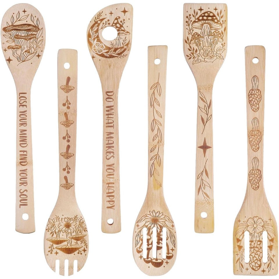 6Pcs Mushroom Bamboo Cooking Utensils Wooden Engraved Cooking Spoons Set Carving